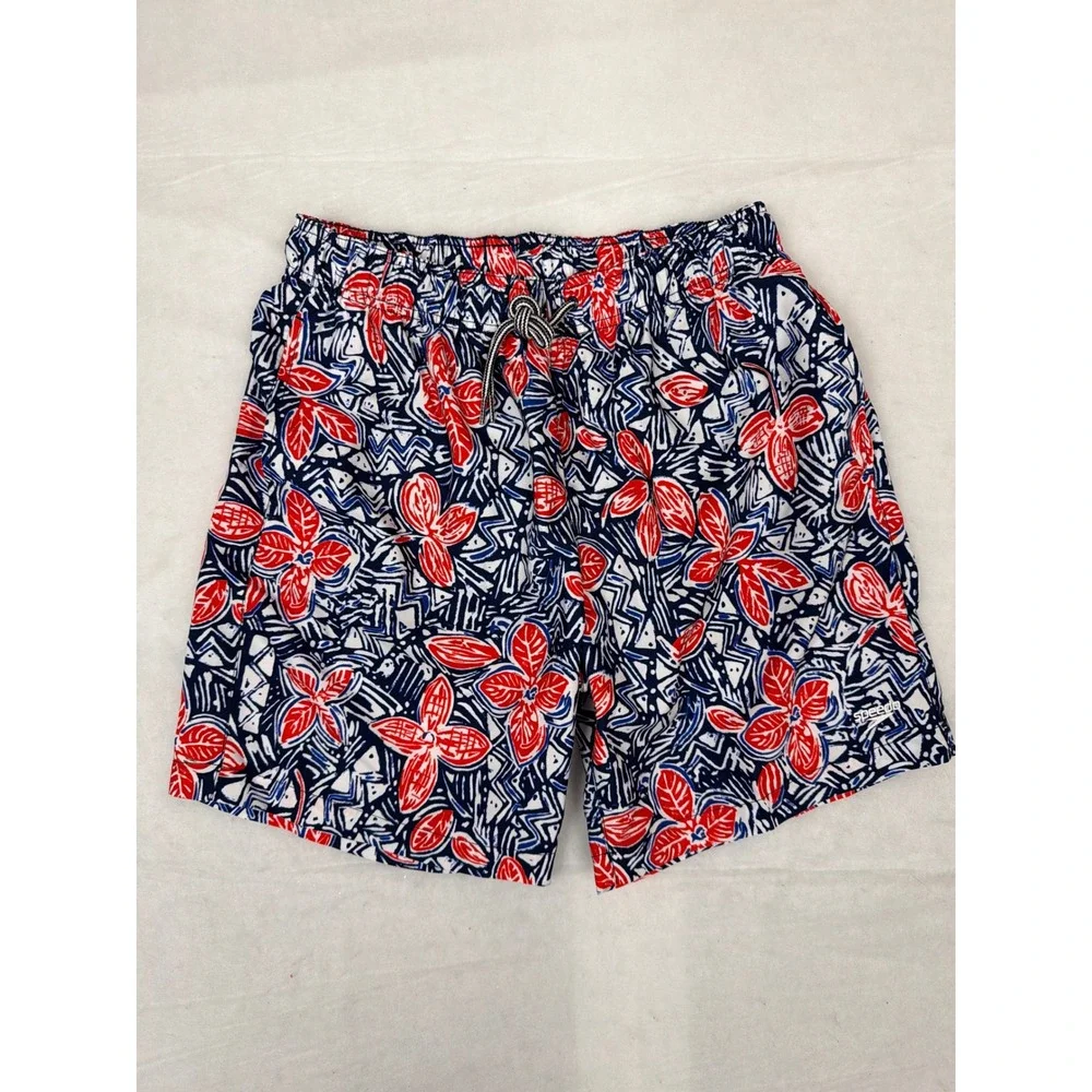 Speedo Men Swim Trunks Medium Red White Blue Geometric Floral Mesh Lined 7784212